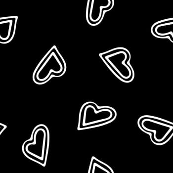 Hand Drawn Seamless Patterns with Hearts in Doodle Style. Romantic Love Digital Paper for Valentines Day. White Hearts on Black Background.