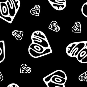 Hand Drawn Seamless Patterns with Hearts in Doodle Style. Romantic Love Digital Paper for Valentines Day. White Hearts on Black Background.