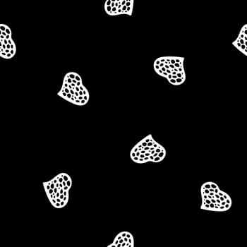 Hand Drawn Seamless Patterns with Hearts in Doodle Style. Romantic Love Digital Paper for Valentines Day. White Hearts on Black Background.