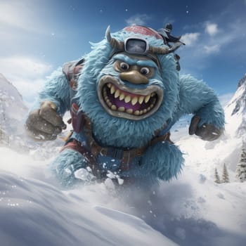 Angry monster with blue fur , running away on a snowy slope.