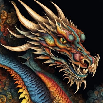 Fantastical dragon in cut out style, colorful bright background.ai generative.