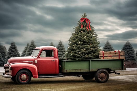 Vintage pickup truck with Christmas tree