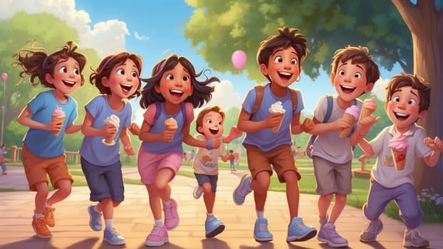 a group of kids , boys and girls, having ice cream gelato cones in a park in summer time ai generated