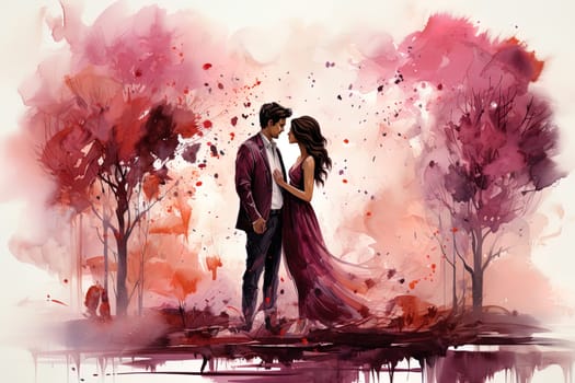 Watercolor Love couple. Valentines Day pink background. Ai art