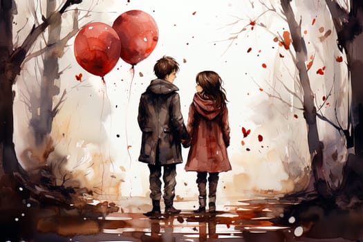 Watercolor Love couple. Valentines Day pink background. Ai art