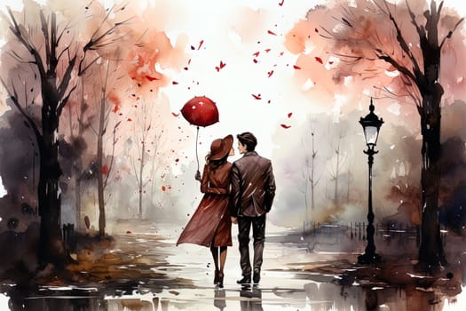 Watercolor Love couple. Valentines Day pink background. Ai art