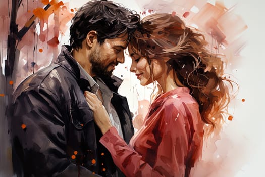 Watercolor Love couple. Valentines Day pink background. Ai art