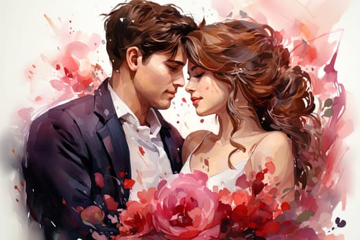 Watercolor Love couple. Valentines Day pink background. Ai art