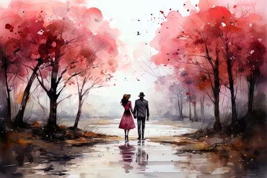 Watercolor Love couple. Valentines Day pink background. Ai art