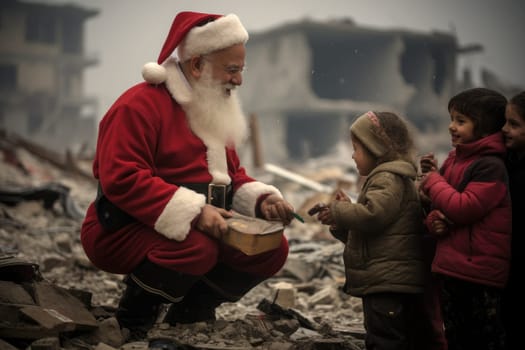 Santa Claus giving christmas gift to children in the city with comeliness