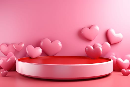 empty podium with pink and red background for valentines day product, generative ai