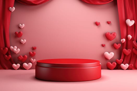 empty podium with pink and red background for valentines day product, generative ai