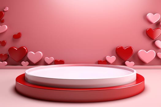 empty podium with pink and red background for valentines day product, generative ai