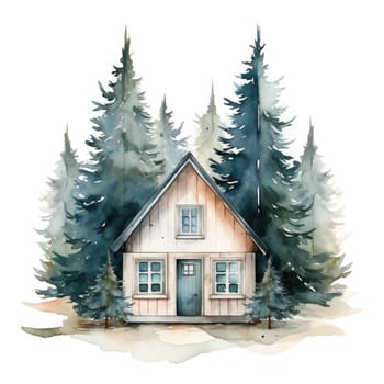 Watercolor cute house with tree on isolate background. Generative AI.