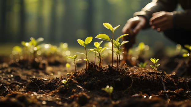 Closeup Volunteer hand planting potted plant. Generative AI.