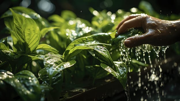 Closeup Volunteer hand planting potted plant. Generative AI.