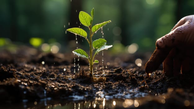 Closeup Volunteer hand planting potted plant. Generative AI.