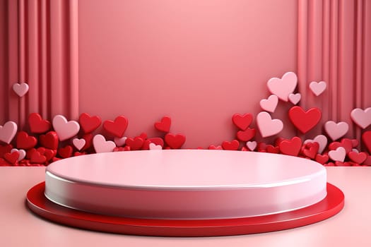 empty podium with pink and red background for valentines day product, generative ai
