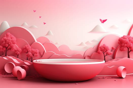 empty podium with pink and red background for valentines day product, generative ai