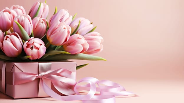 Fresh tulips and a box with a gift. Copy Space. Happy Valentine's Day, Mother's Day, International Women's Day, Birthday card.