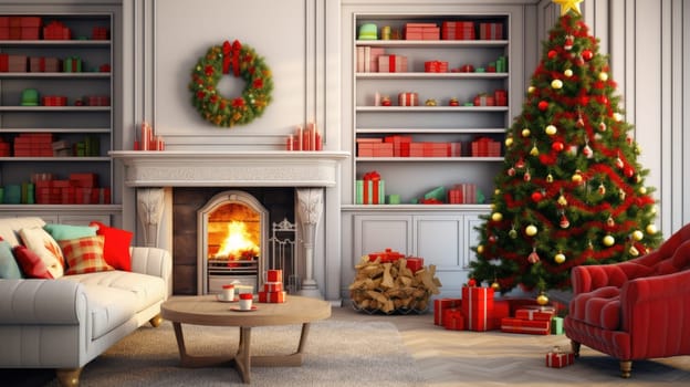 Interior of decorated living room with Christmas tree and comfortable sofa for family comeliness