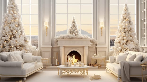 Interior of decorated living room with Christmas tree and comfortable sofa for family comeliness