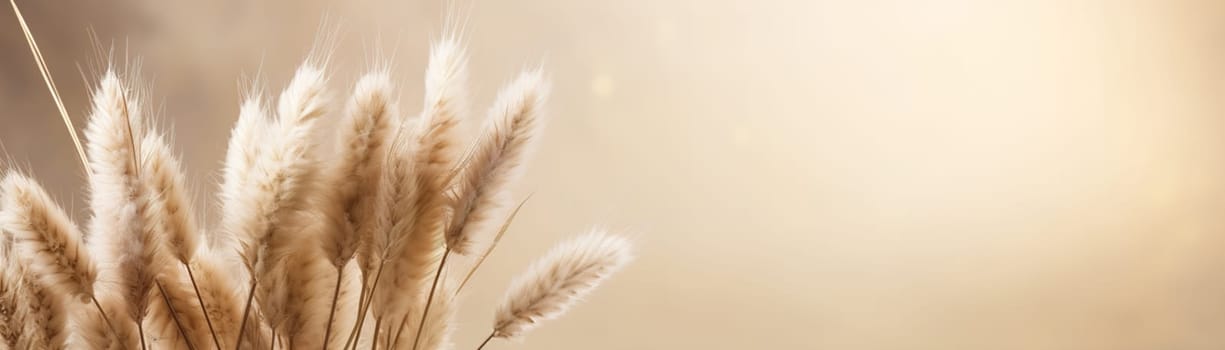 Elegant beige pampas grass plumes on a smooth beige background with ample copy space, evoking a serene and natural aesthetic. Boho style. Natural backdrop with pastel colors. Banner. Generative AI