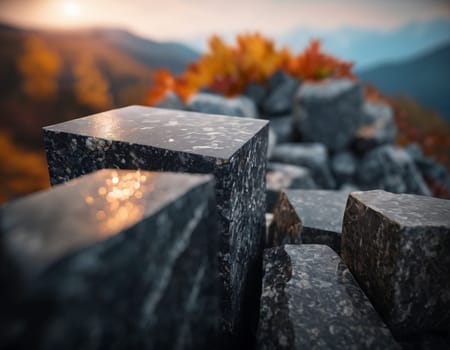 Beautiful cinematic mountain landscape with black marble and granite. High quality illustration