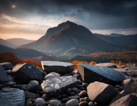 Beautiful cinematic mountain landscape with black marble and granite. High quality illustration