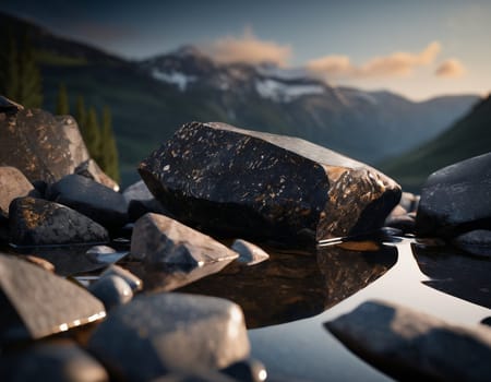 Beautiful cinematic mountain landscape with black marble and granite. High quality illustration