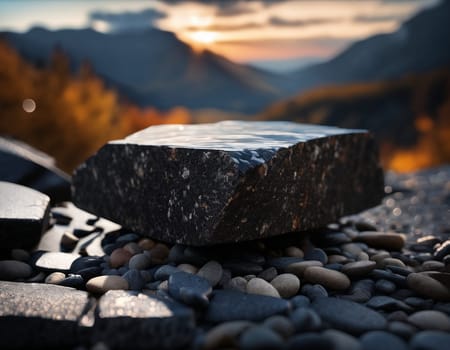 Beautiful cinematic mountain landscape with black marble and granite. High quality illustration