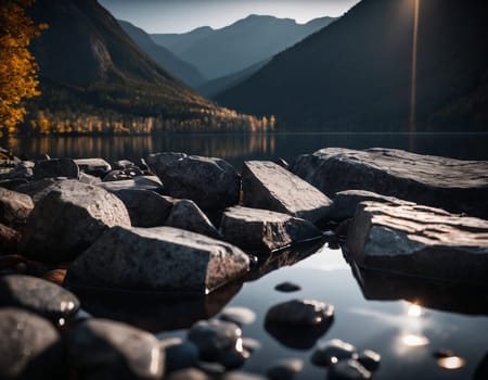 Beautiful cinematic mountain landscape with black marble and granite. High quality illustration