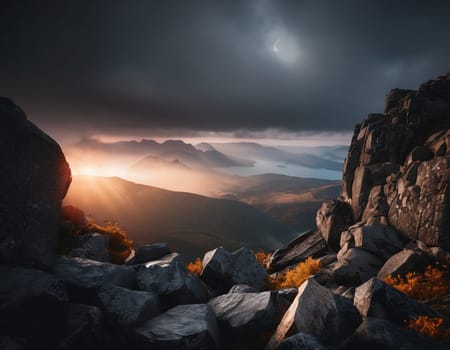 Beautiful cinematic mountain landscape with black marble and granite. High quality illustration