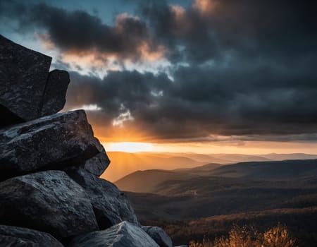 Beautiful cinematic mountain landscape with black marble and granite. High quality illustration