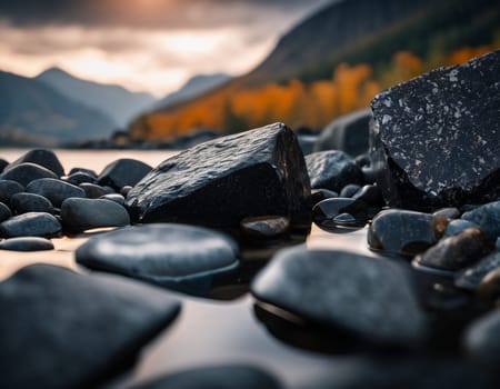 Beautiful cinematic mountain landscape with black marble and granite. High quality illustration