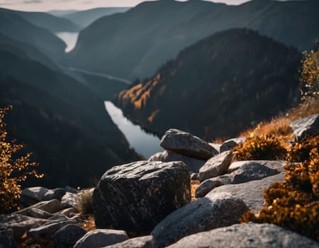 Beautiful cinematic mountain landscape with black marble and granite. High quality illustration