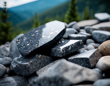 Beautiful cinematic mountain landscape with black marble and granite. High quality illustration