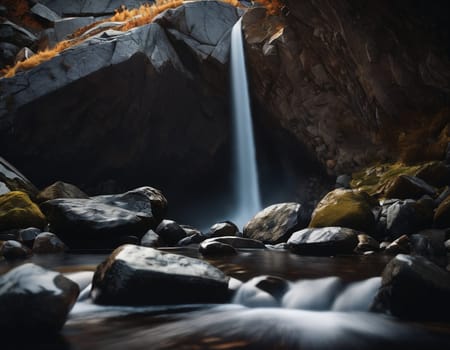 Beautiful cinematic mountain landscape with black marble and granite. High quality illustration