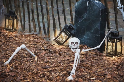Funny toy skeleton on Halloween in Denmark. Vejle.