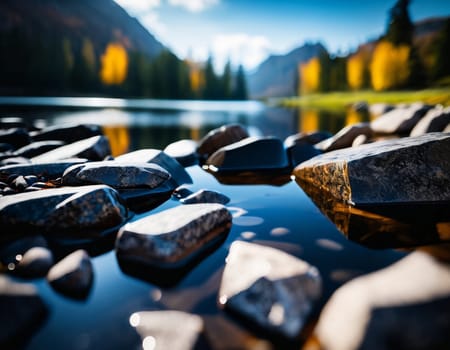 Beautiful cinematic mountain landscape with black marble and granite. High quality illustration