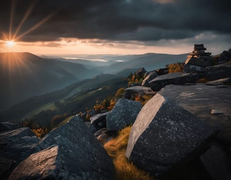 Beautiful cinematic mountain landscape with black marble and granite. High quality illustration