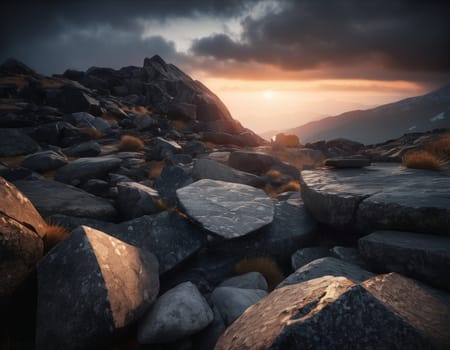 Beautiful cinematic mountain landscape with black marble and granite. High quality illustration