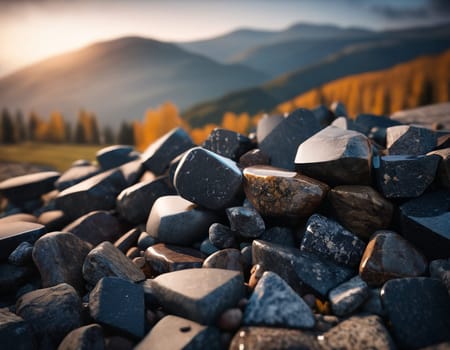 Beautiful cinematic mountain landscape with black marble and granite. High quality illustration