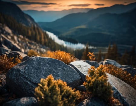 Beautiful cinematic mountain landscape with black marble and granite. High quality illustration