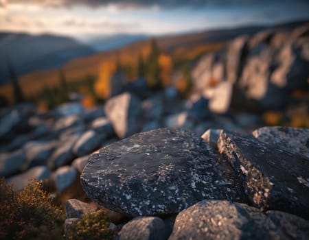 Beautiful cinematic mountain landscape with black marble and granite. High quality illustration