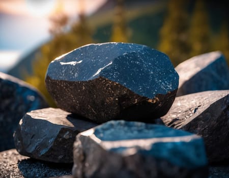 Beautiful cinematic mountain landscape with black marble and granite. High quality illustration