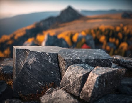 Beautiful cinematic mountain landscape with black marble and granite. High quality illustration