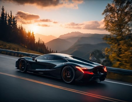 A sports car in the mountains.Sunset. High quality illustration