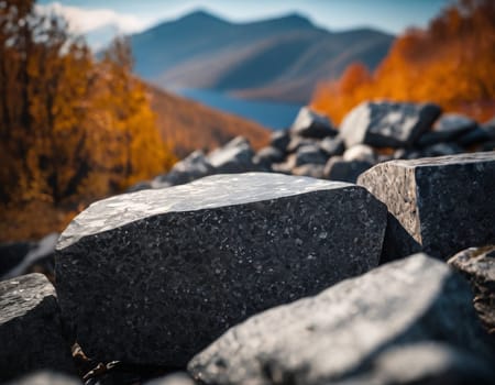 Beautiful cinematic mountain landscape with black marble and granite. High quality illustration