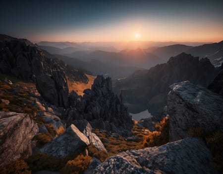 Beautiful cinematic mountain landscape with black marble and granite. High quality illustration